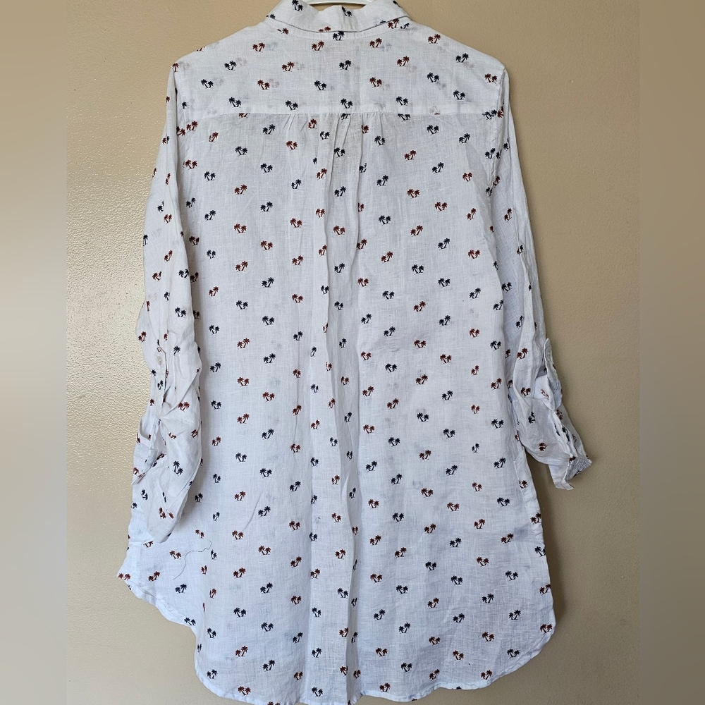 FORCYNTHIA Beachwear White Palm Trees Linen L Tunic Shirt Beach Coverup Resort - Picture 3 of 11